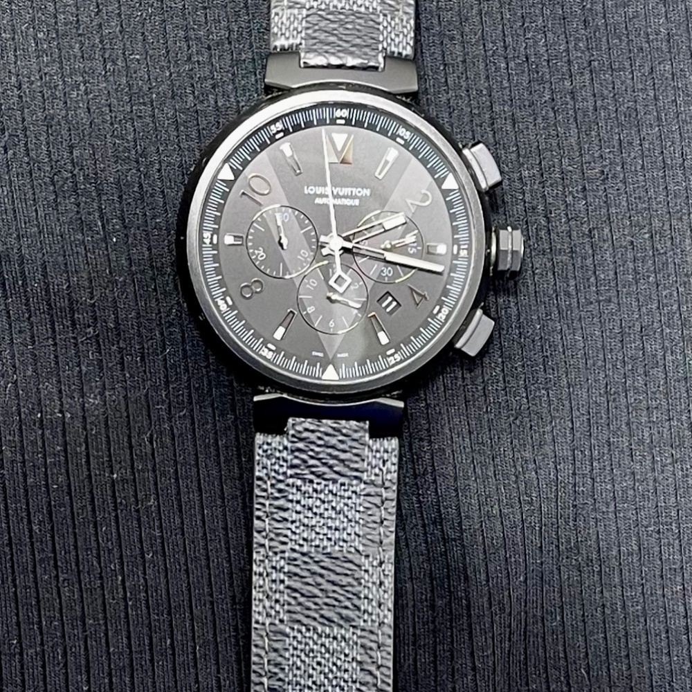 Louis Vuitton Stainless Steel Damier 45mm Tambour Chronograph Automatic Watch Gr